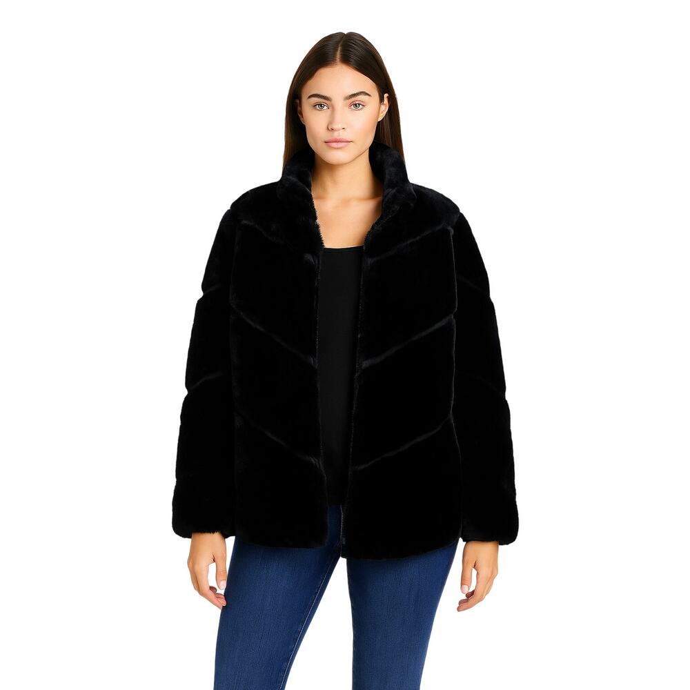 Dennis Basso Faux Fur Coat w/ Combo Pelting Detail – Black, Size 1X (New)